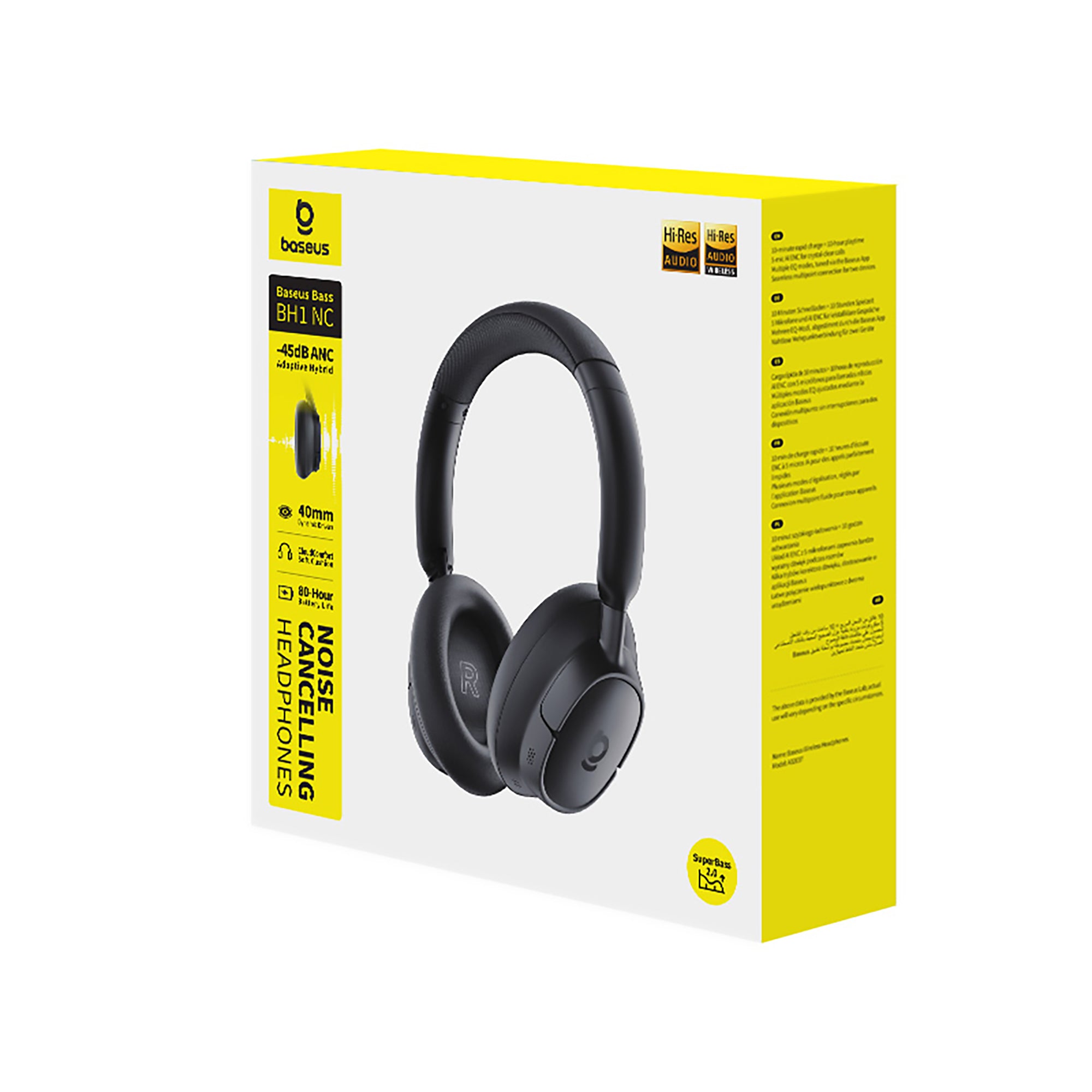 Boxed black headphones with yellow and white design on a white background
