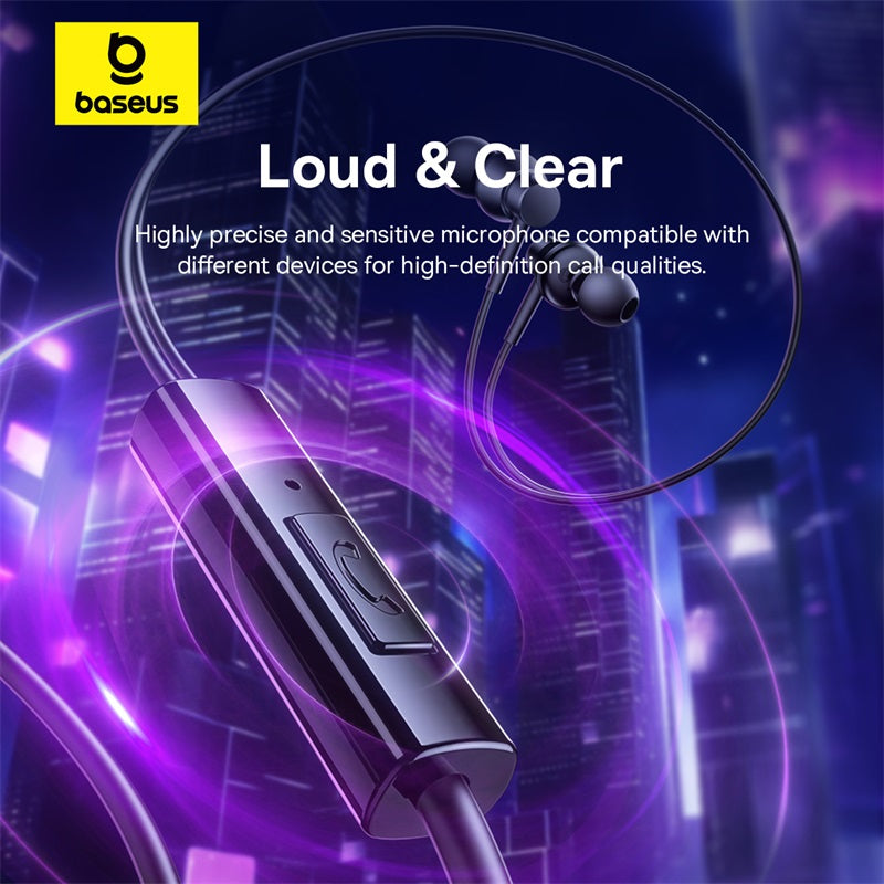 Baseus Bluetooth headset with microphone on a futuristic cityscape background