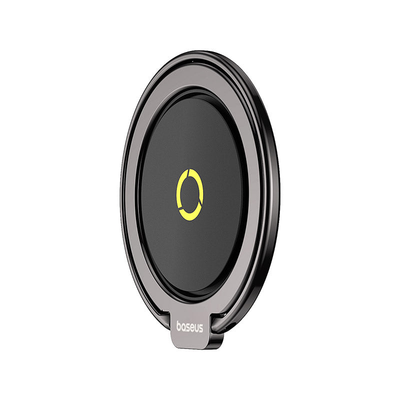 Black magnetic phone holder with yellow logo on a white background