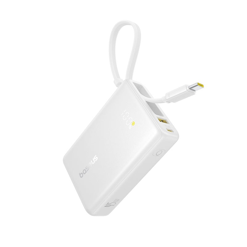 White portable charger with a strap on a white background