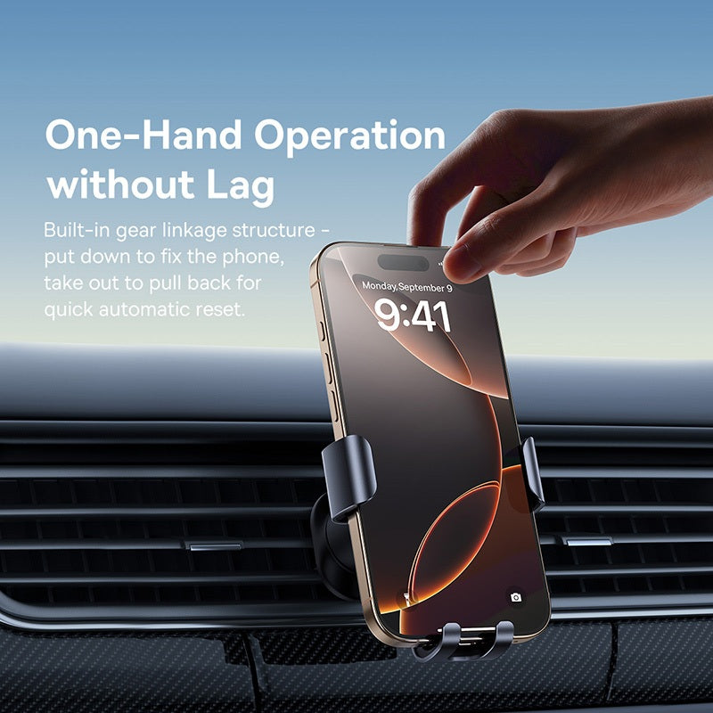 Phone holder in car dashboard with hand interacting, text about one-hand operation