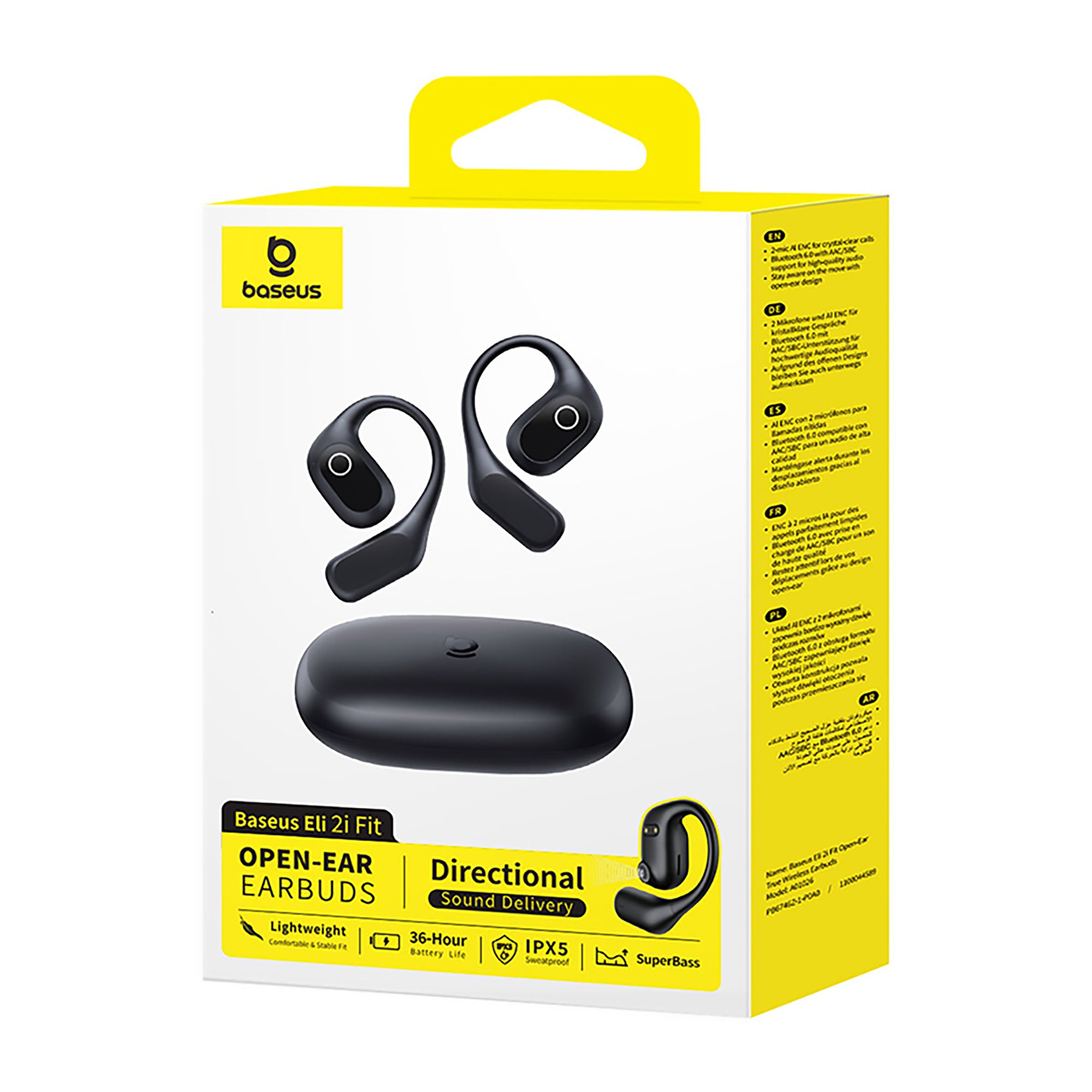 Baseus open-ear earbuds packaging with yellow and white design