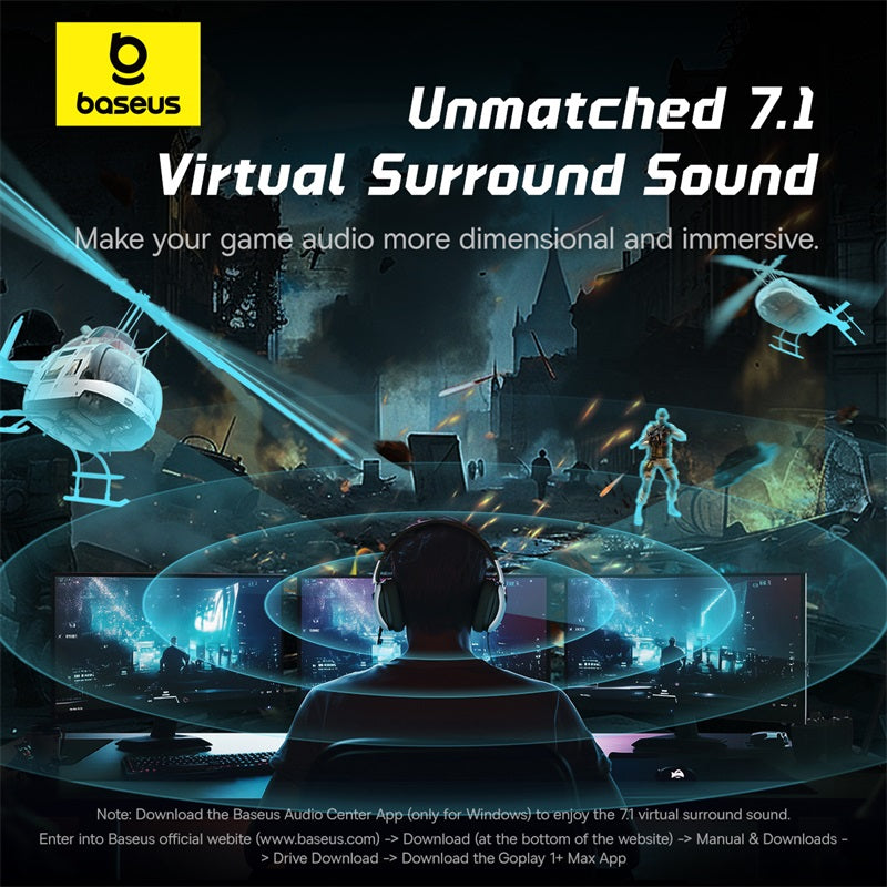 Advertisement for Baseus 7.1 virtual surround sound with a person wearing headphones in a gaming setup.