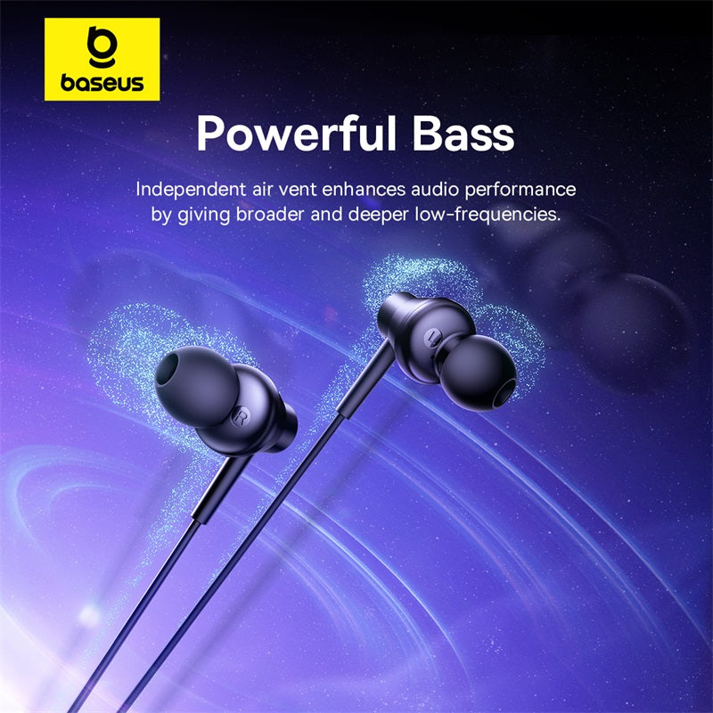 Baseus wireless earbuds with a purple and black gradient background