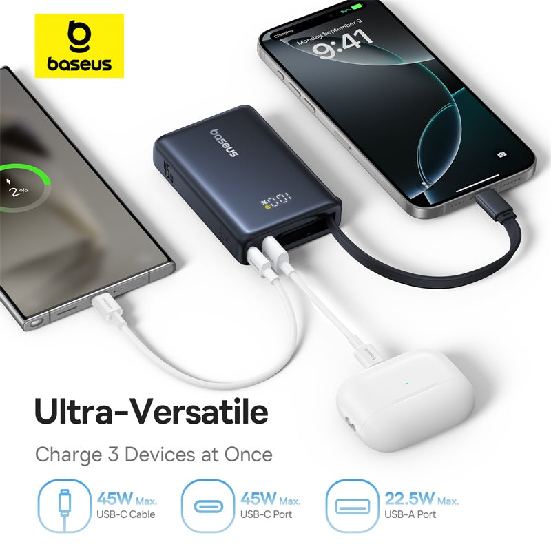 Baseus charging device with smartphone, tablet, and earbuds on a white background