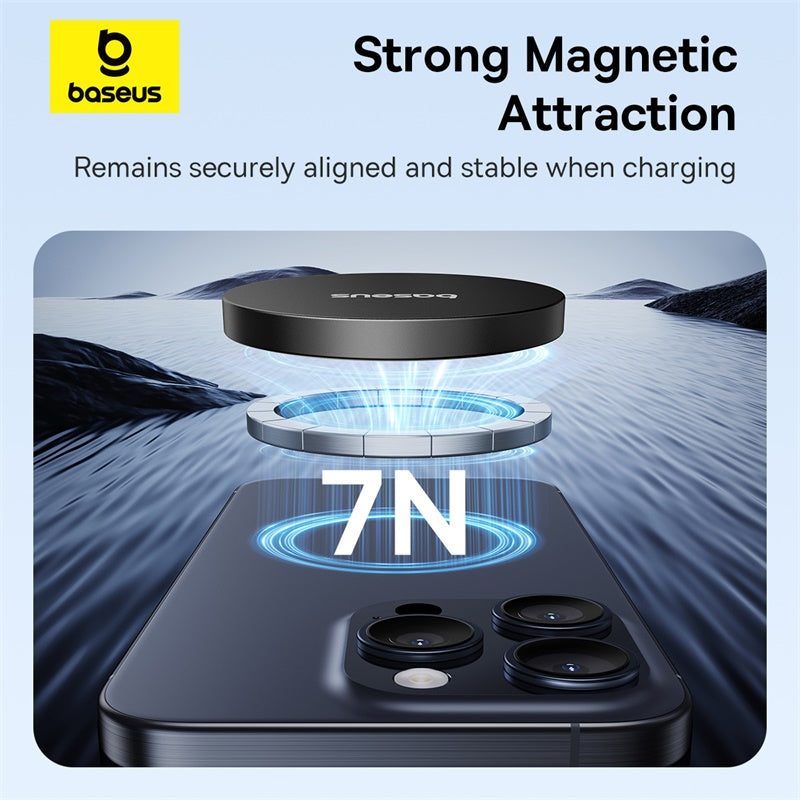 Baseus magnetic phone stand with '7N' strength indicator on a scenic background