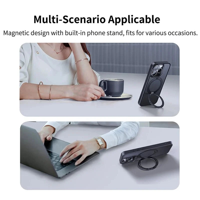 Magnetic phone stand with a person using a laptop and holding a cup, text 'Multi-Scenario Applicable'.