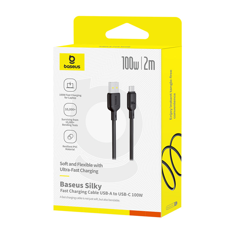 Baseus USB-A to USB-C charging cable packaging with yellow and white design.