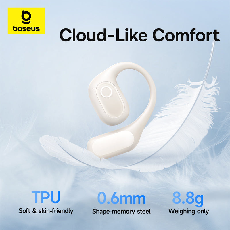 Baseus wireless earbud in a curved over-ear design, shown in a light cream color against a soft blue background with white feathers. The image includes text highlighting features: 'Cloud-Like Comfort', 'TPU Soft & skin-friendly', '0.