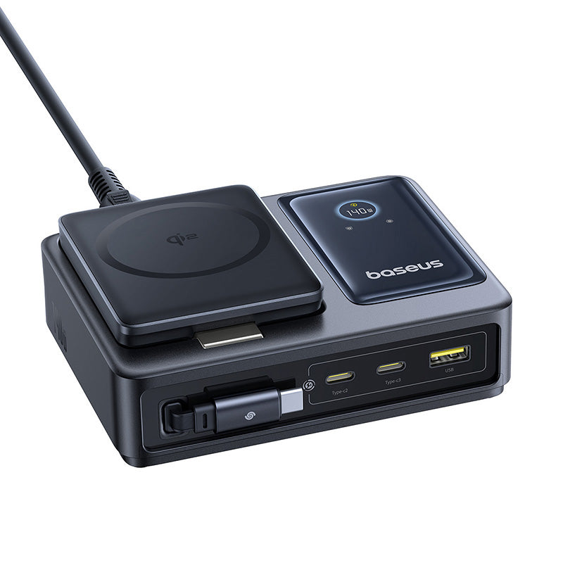 Baseus charging station with wireless charging pad and multiple USB ports on a white background