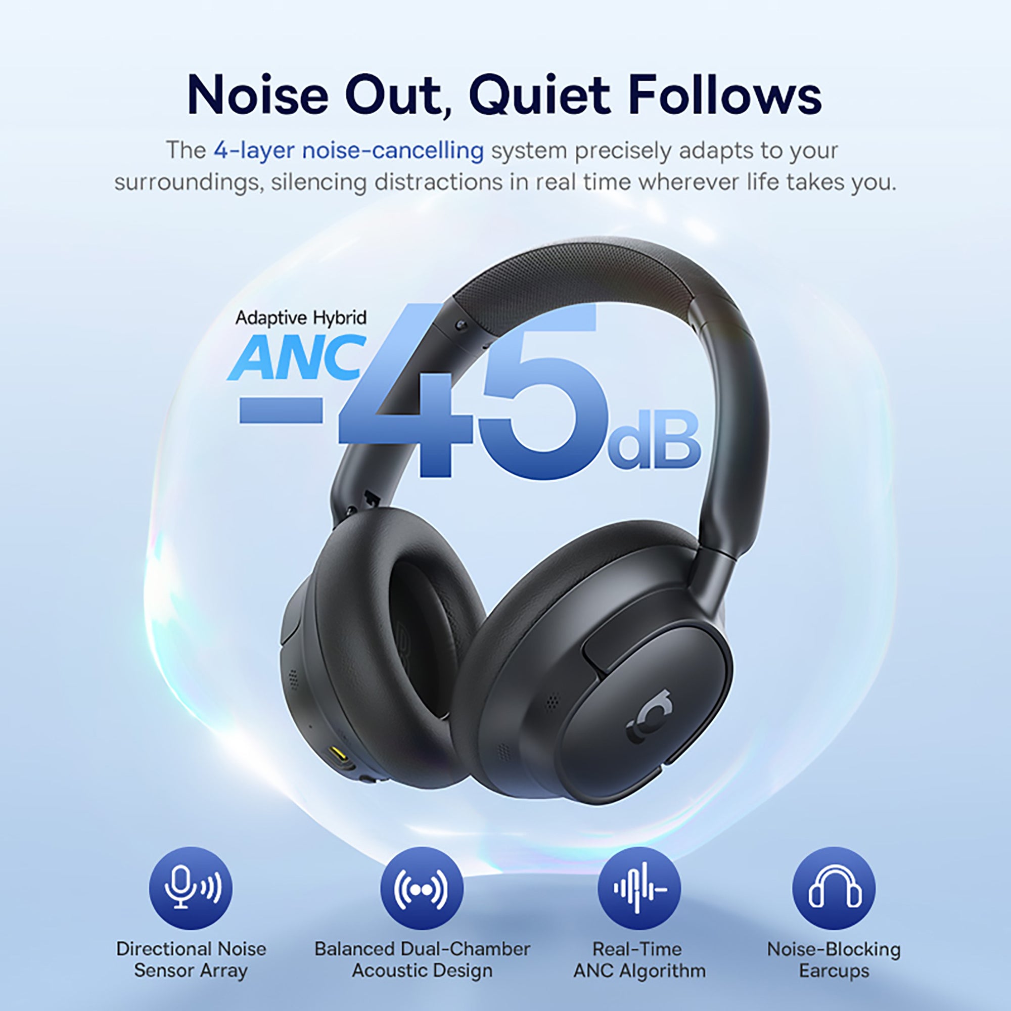 Black noise-canceling headphones with text highlighting features on a light blue background