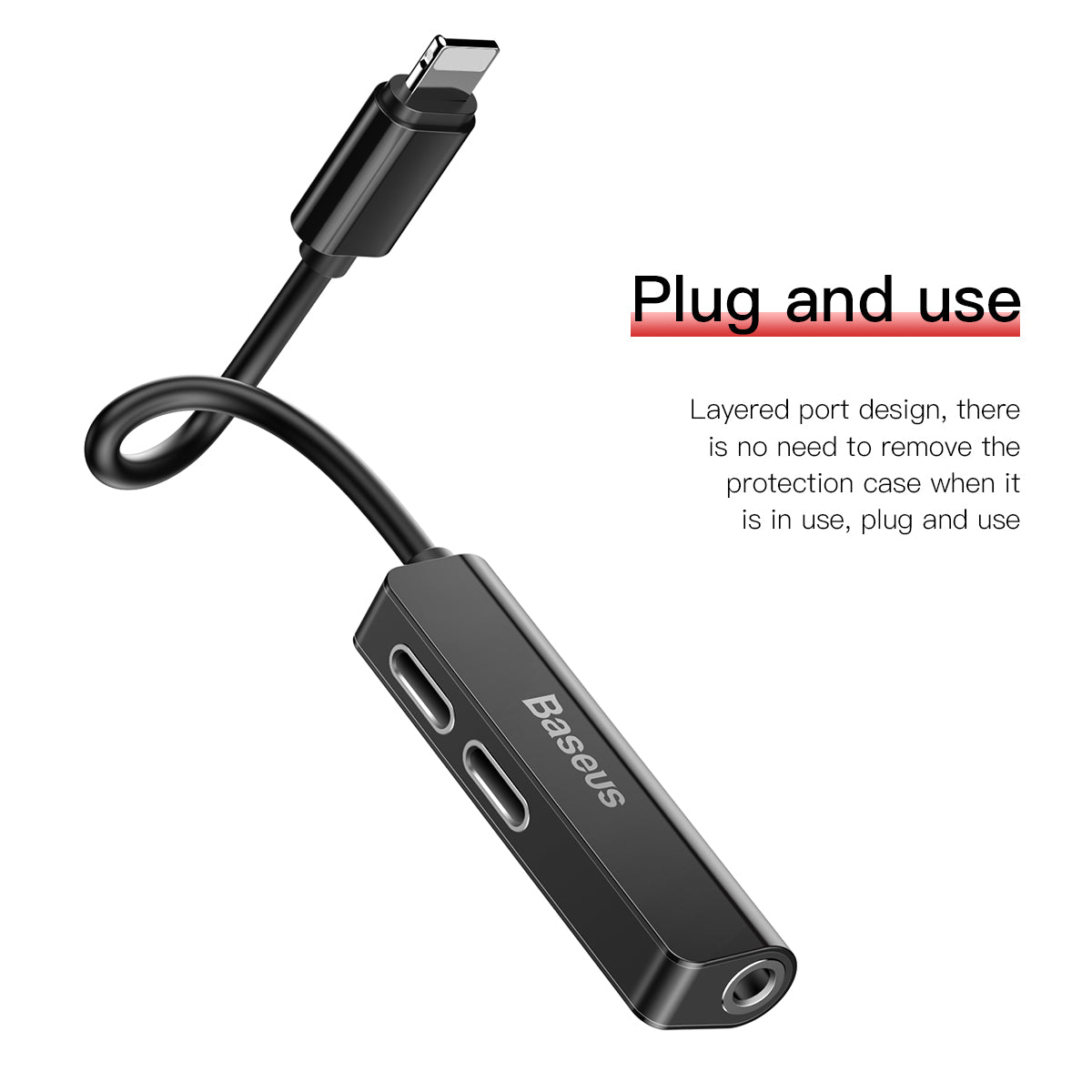 Baseus L52 3 in 1 Male iOS to Dual iOS and 3.5mm Female Audio Adapter Black