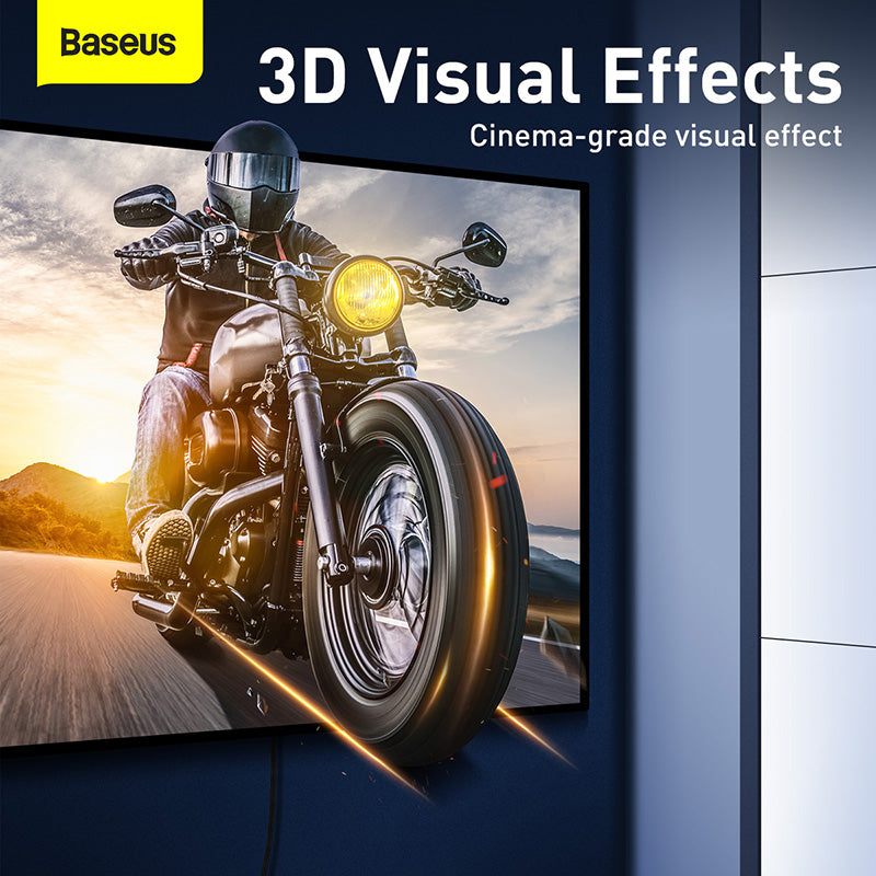 Baseus product with 3D visual effects on a screen displaying a motorcycle rider.