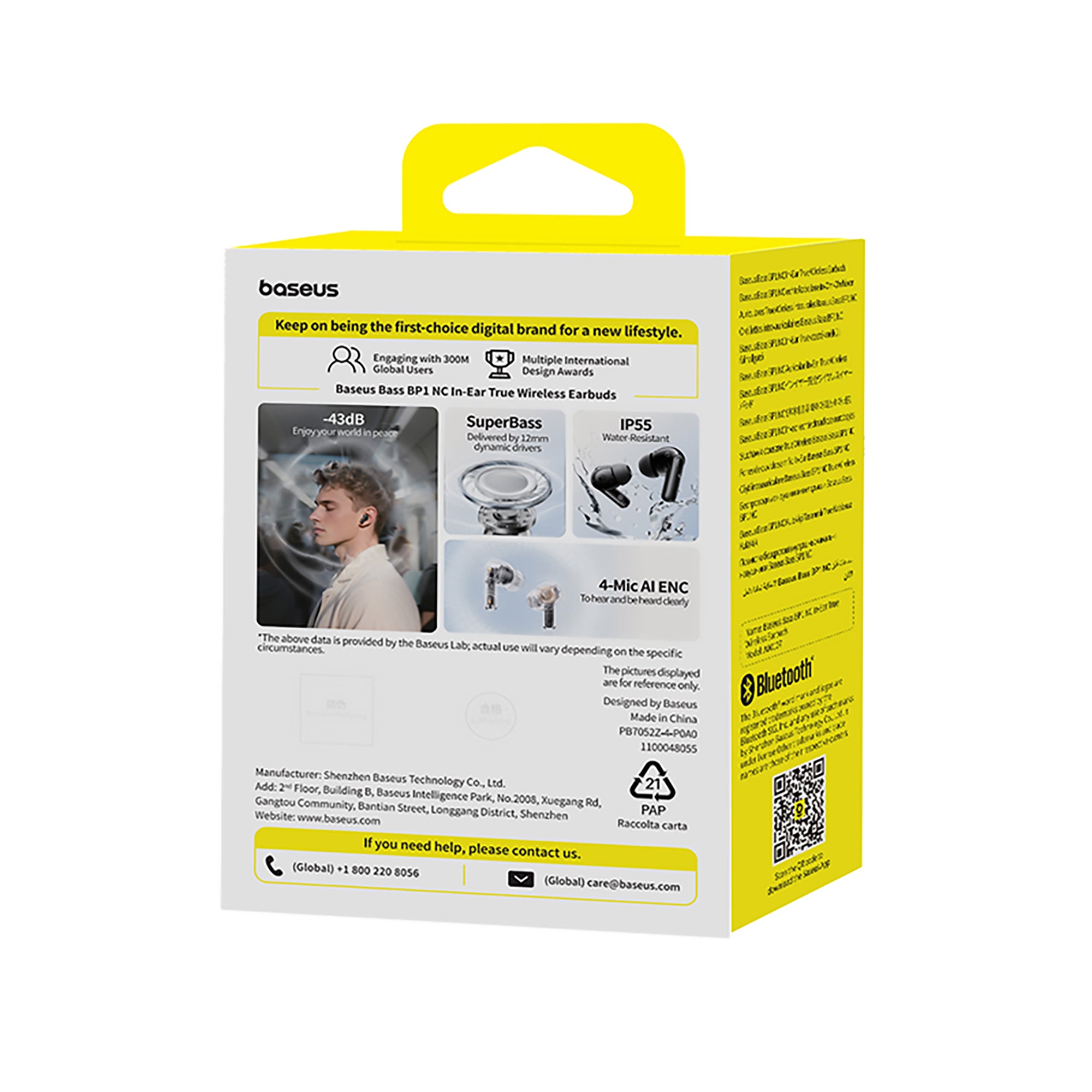 Baseus Bluetooth earbud packaging with product details on a white background