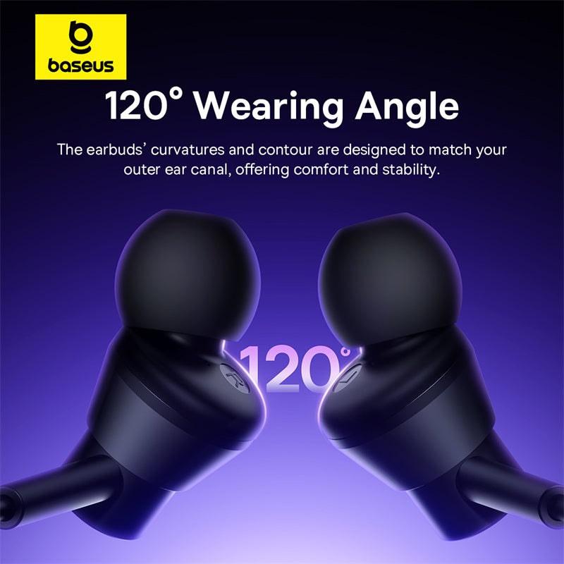 Baseus earbuds with 120-degree wearing angle feature on a dark background