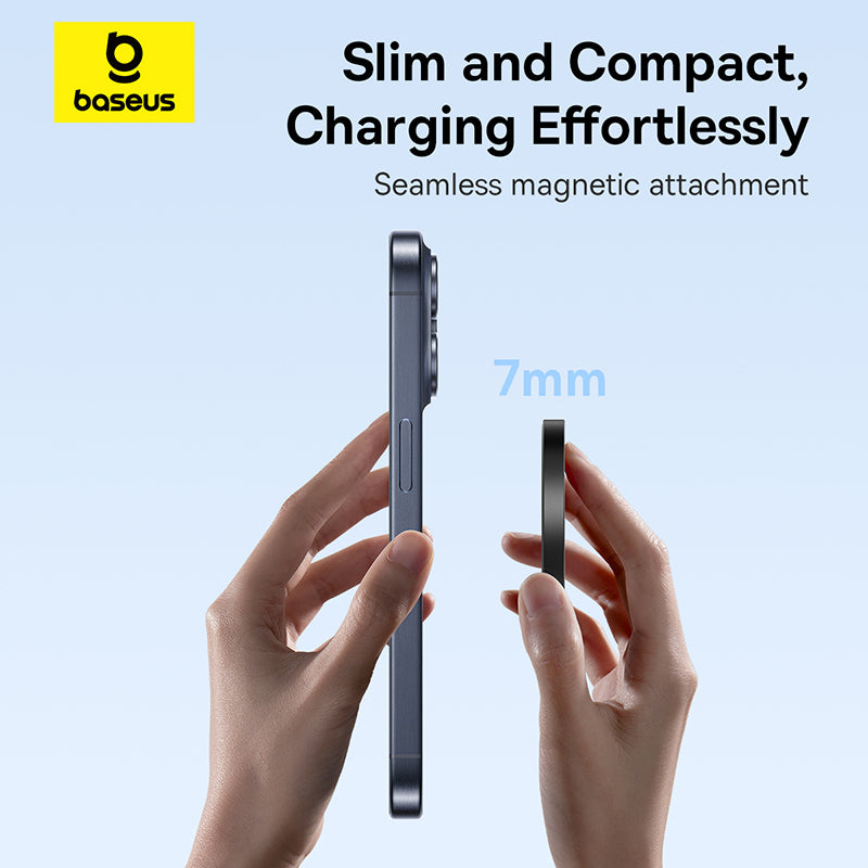 Hands holding a slim magnetic attachment with 'baseus' branding and text about charging efficiency.