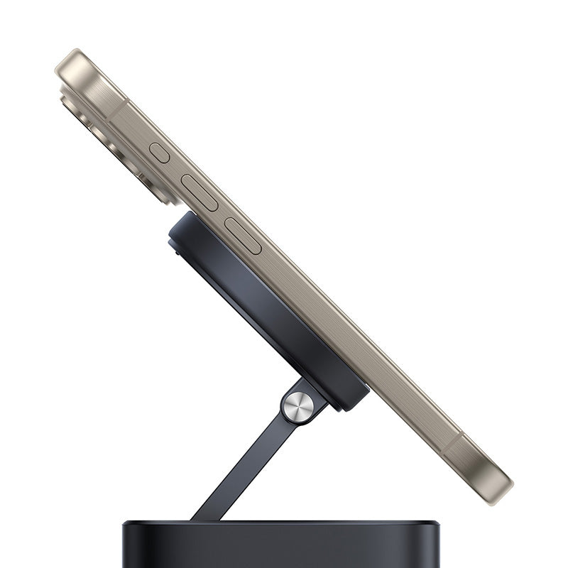 Smartphone on a black stand against a white background