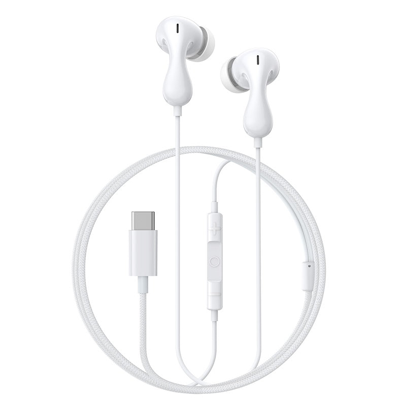 White earbuds with a USB-C connector on a white background