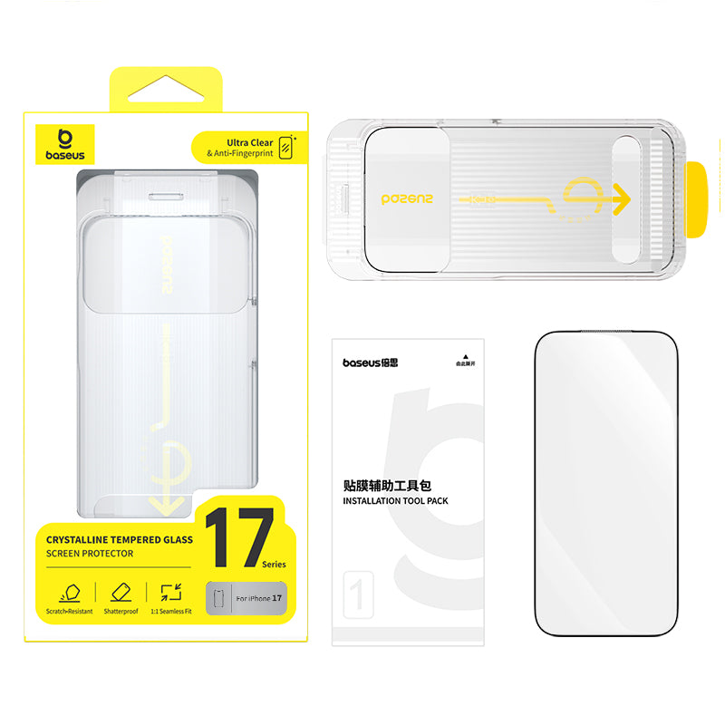 Baseus phone screen protector installation tool kit, featuring a yellow and white retail box, a clear tempered glass screen protector, an installation guide, and a demonstration of the clear tool on a white background.