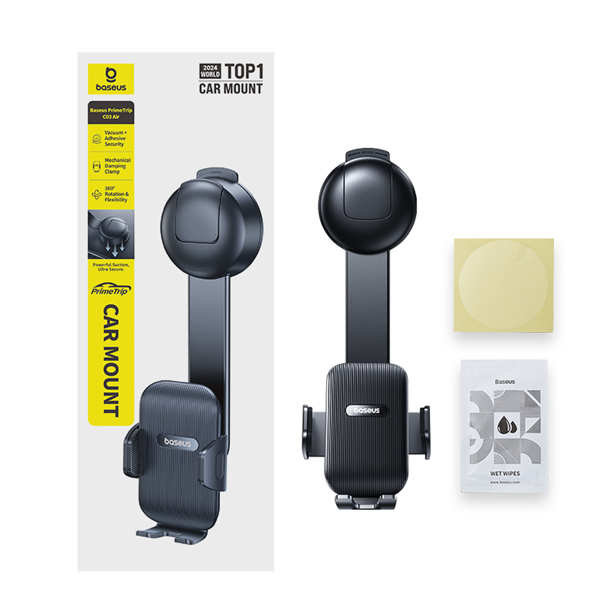 Baseus suction cup phone holder mounted on a car dashboard