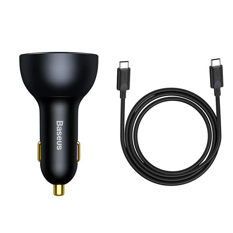 Black car charger with USB-C cable on a white background, featuring the Baseus brand.