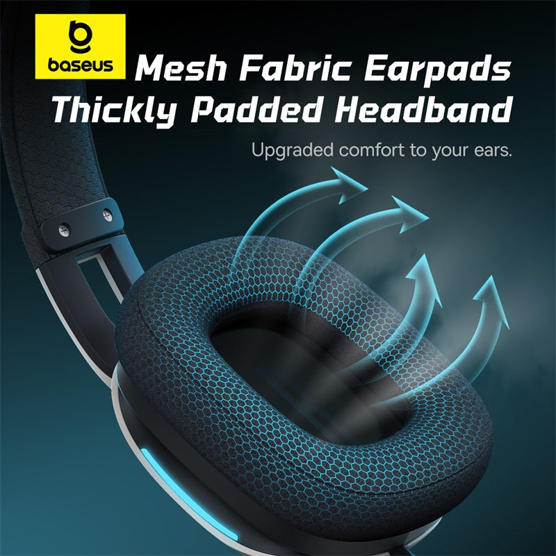 Headphones with mesh fabric earpads and thickly padded headband, featuring Baseus logo.