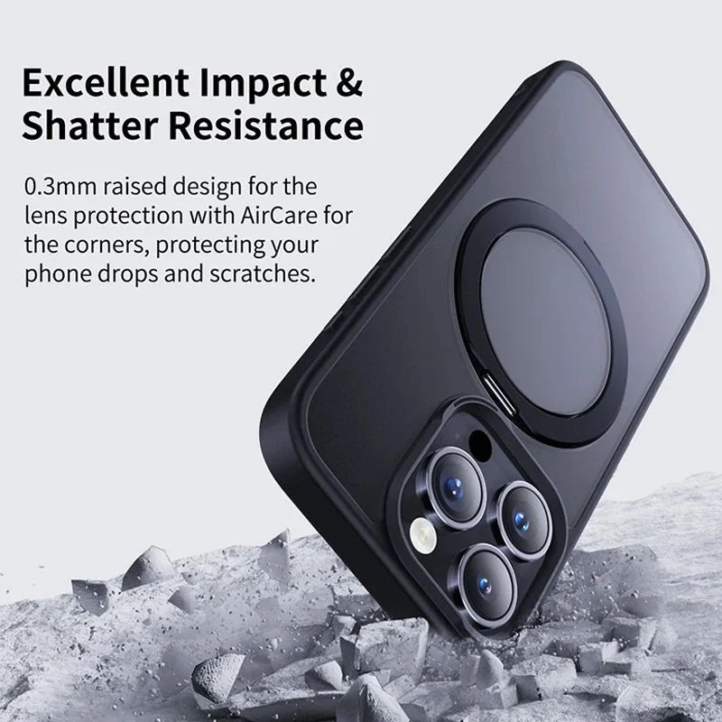 Phone case with impact and shatter resistance features on a gray background