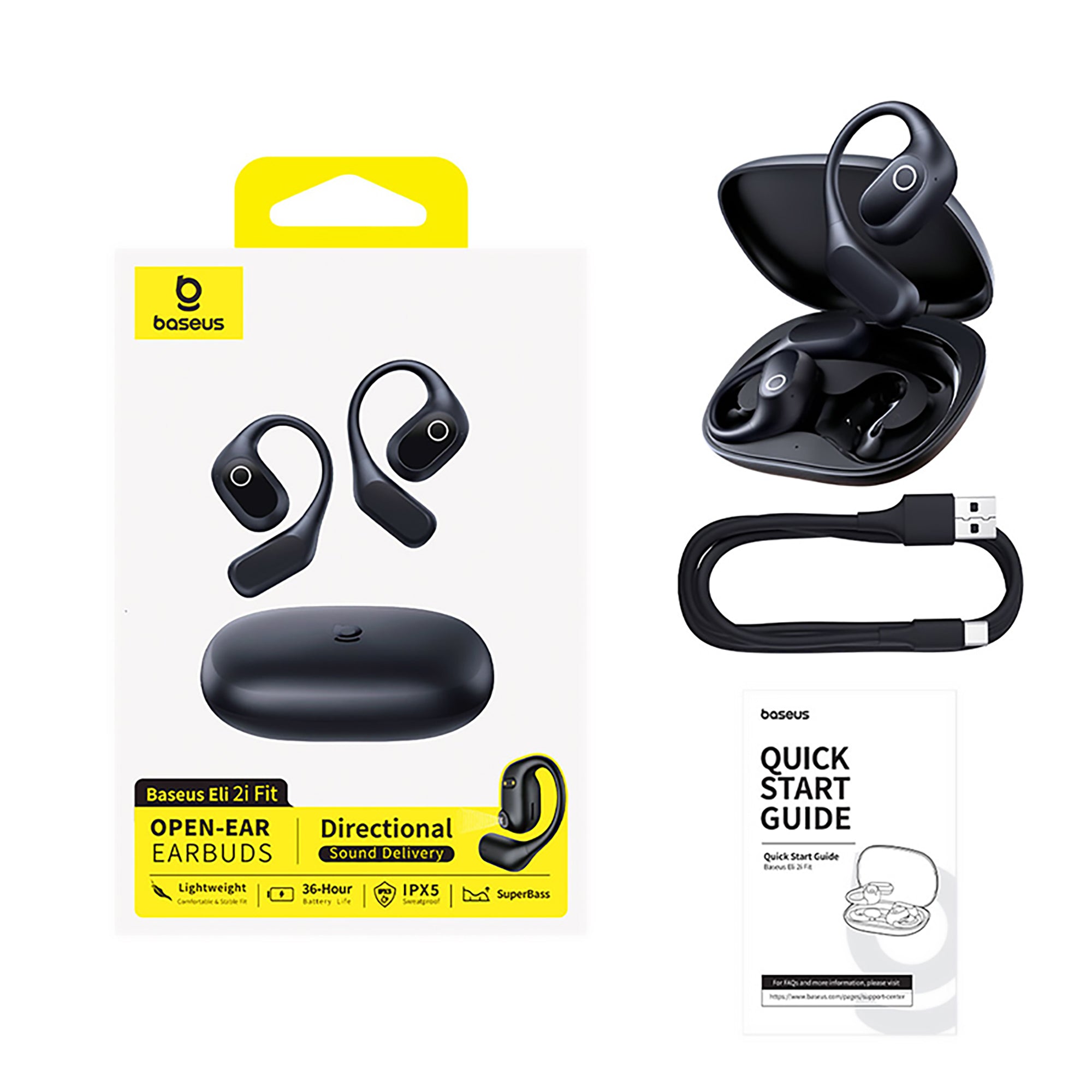 Baseus open-ear earbuds with packaging and accessories on a white background
