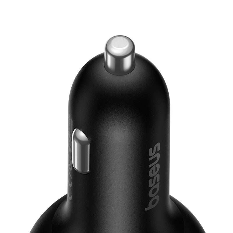 Black car charger with silver accents on a white background