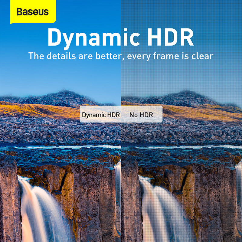Comparison of Dynamic HDR and No HDR images of a landscape with waterfalls.