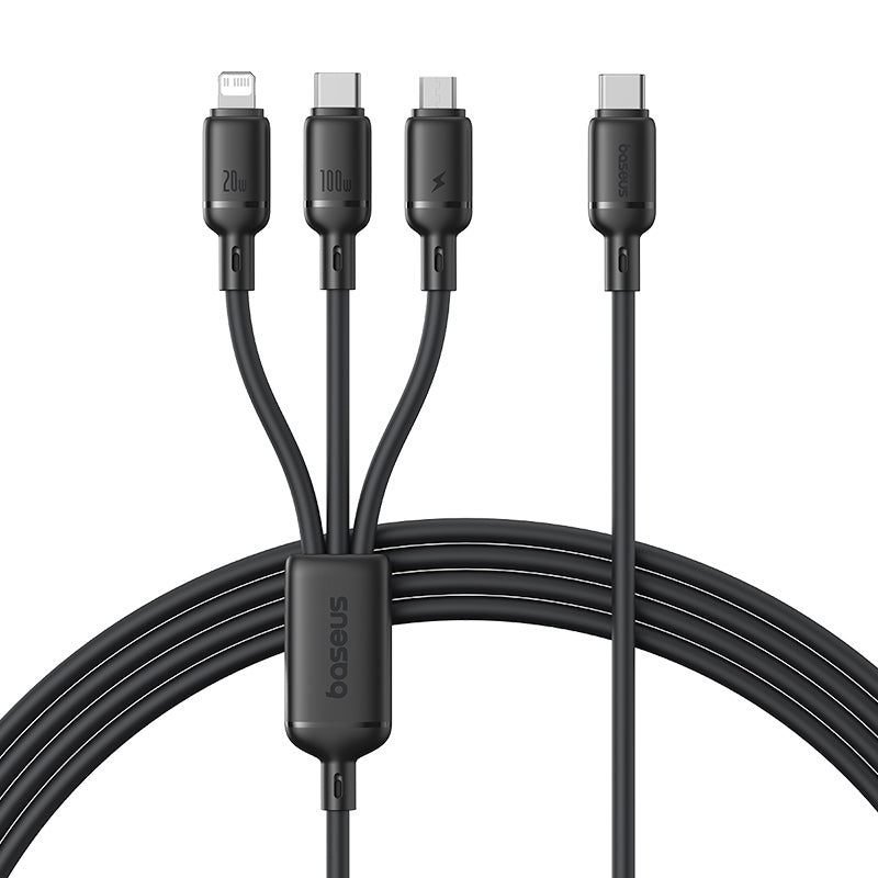 Multi-device charging cable with four different connectors on a white background