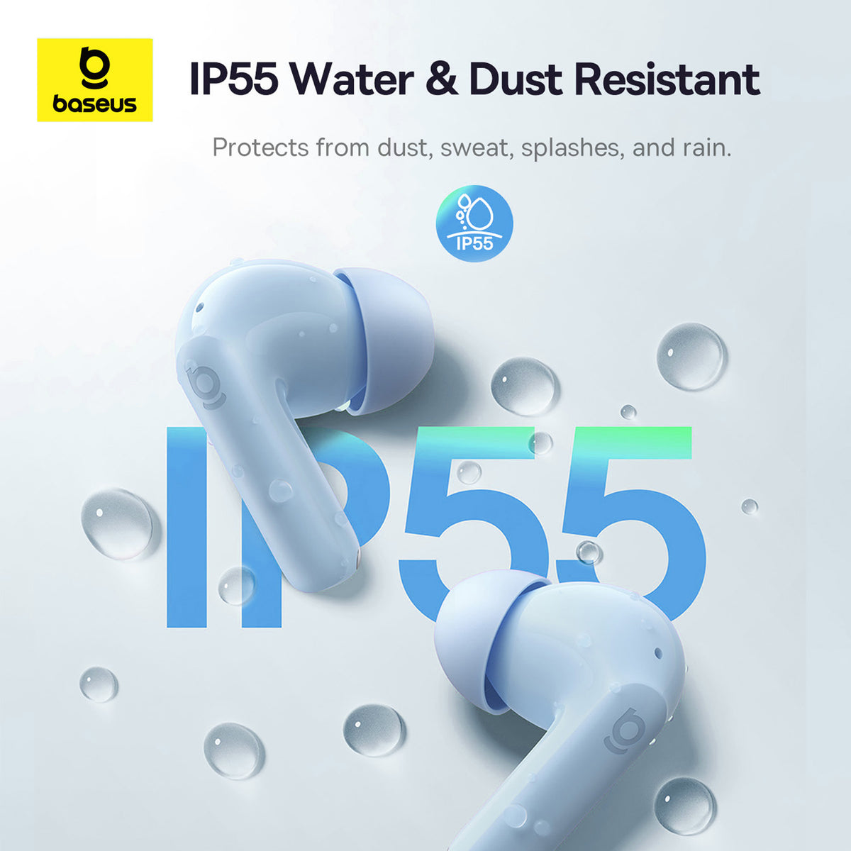 Baseus IP55 water and dust resistant earbuds shown floating on a light background with water droplets and text overlays.