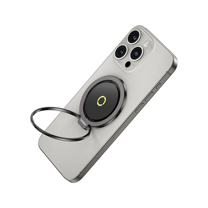 Smartphone with a ring holder attached on a white background