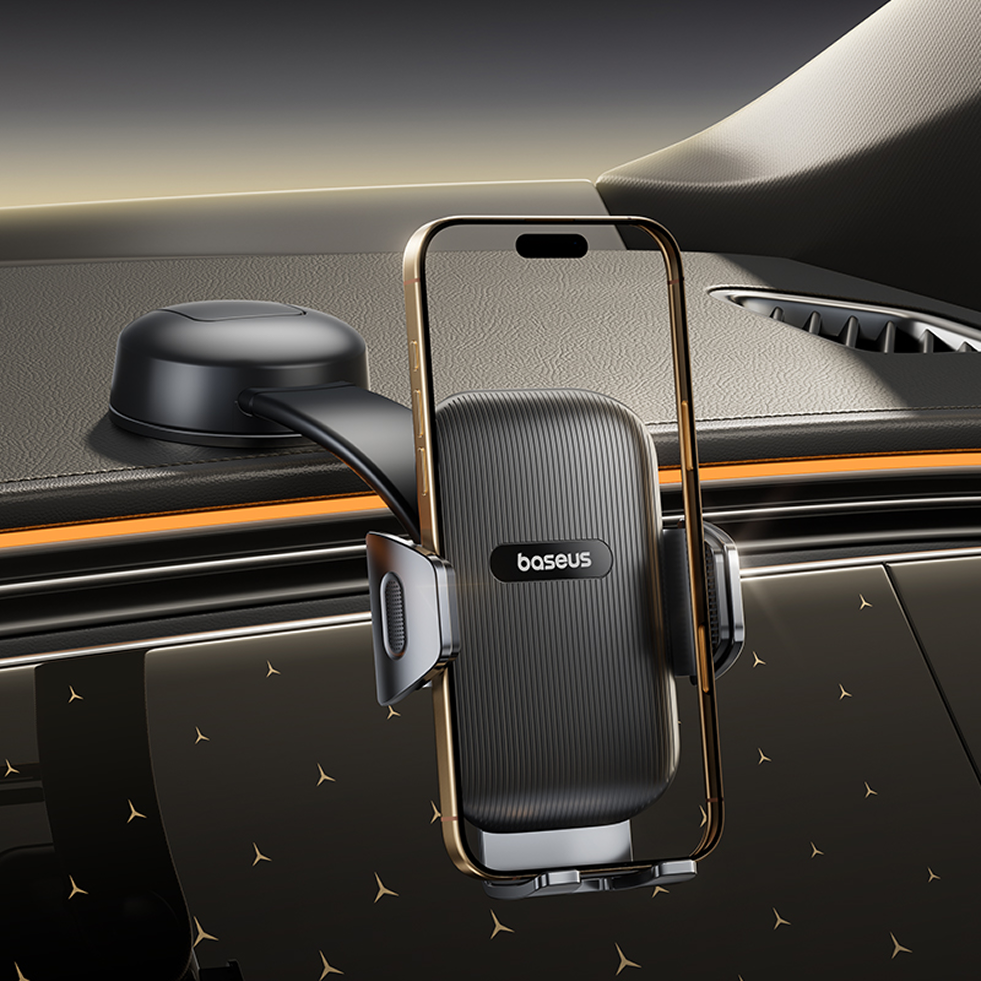 Car phone holder with Baseus branding on a car dashboard
