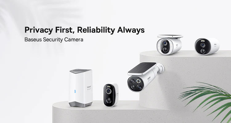 Baseus security camera system with 'Privacy First, Reliability Always' text on a white background