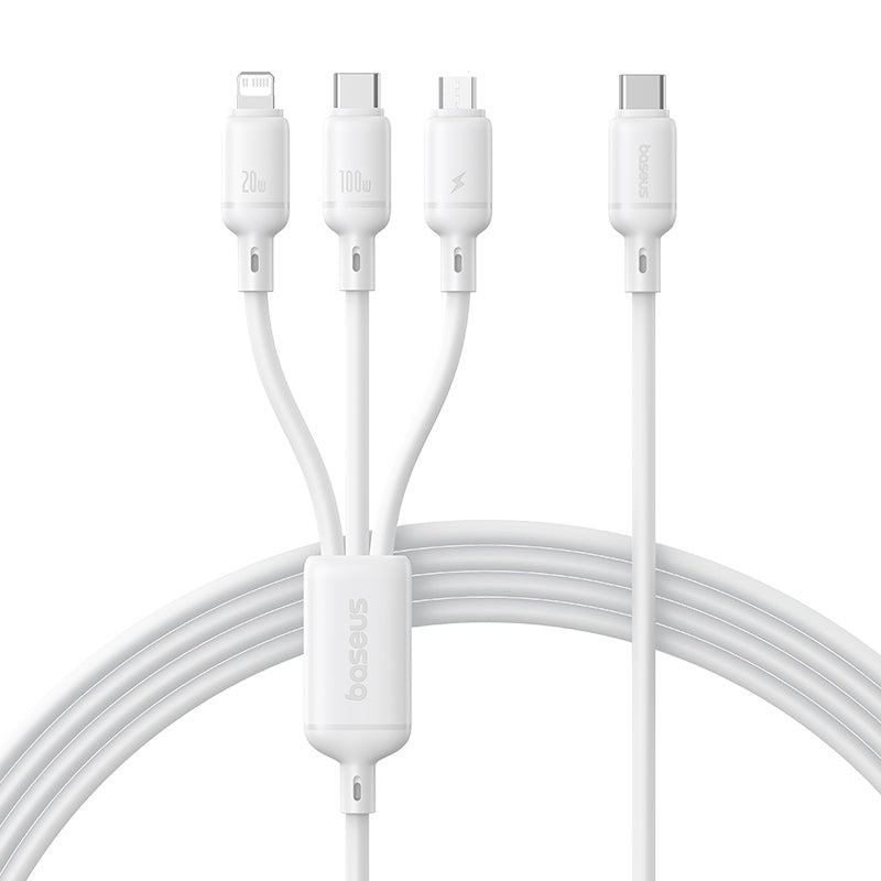 White Baseus multi-port USB-C charging cable with Lightning, USB-C, and USB-C connectors, shown on a clean white background.