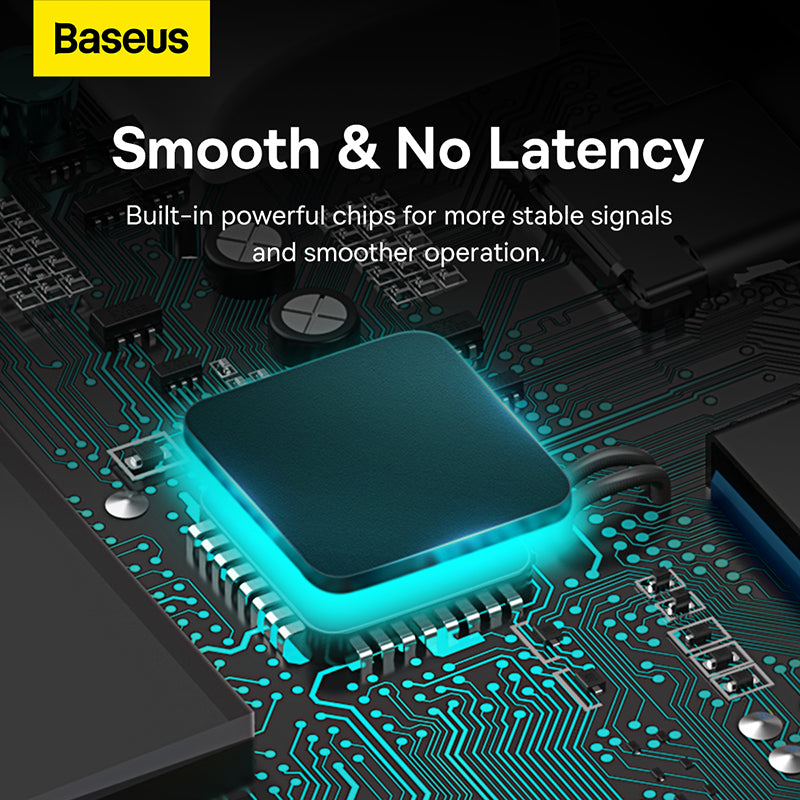 Electronic component with glowing blue light on a circuit board, featuring Baseus branding.