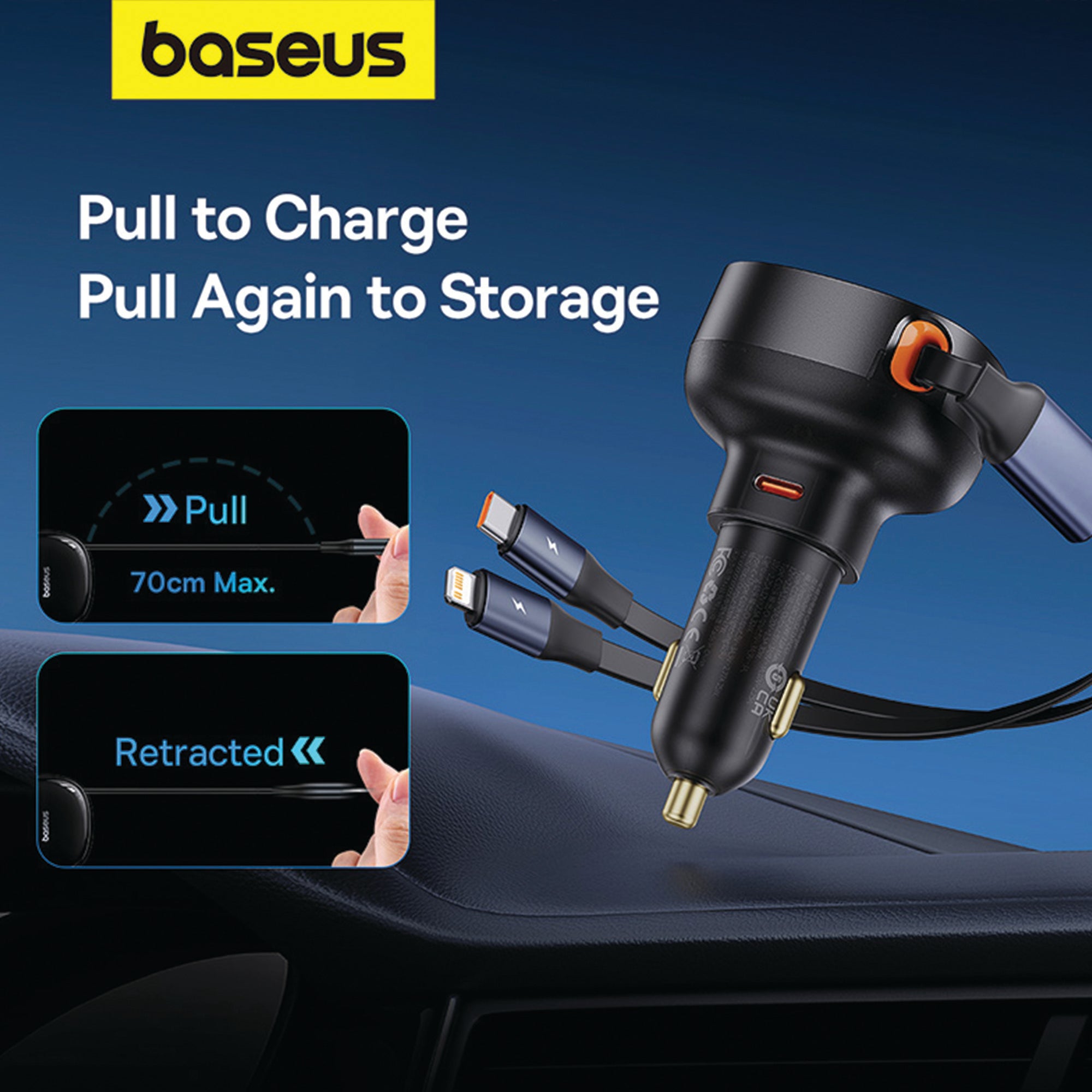 Baseus Enjoyment Pro Car Charger C+Retractable C & iP Cable 60W