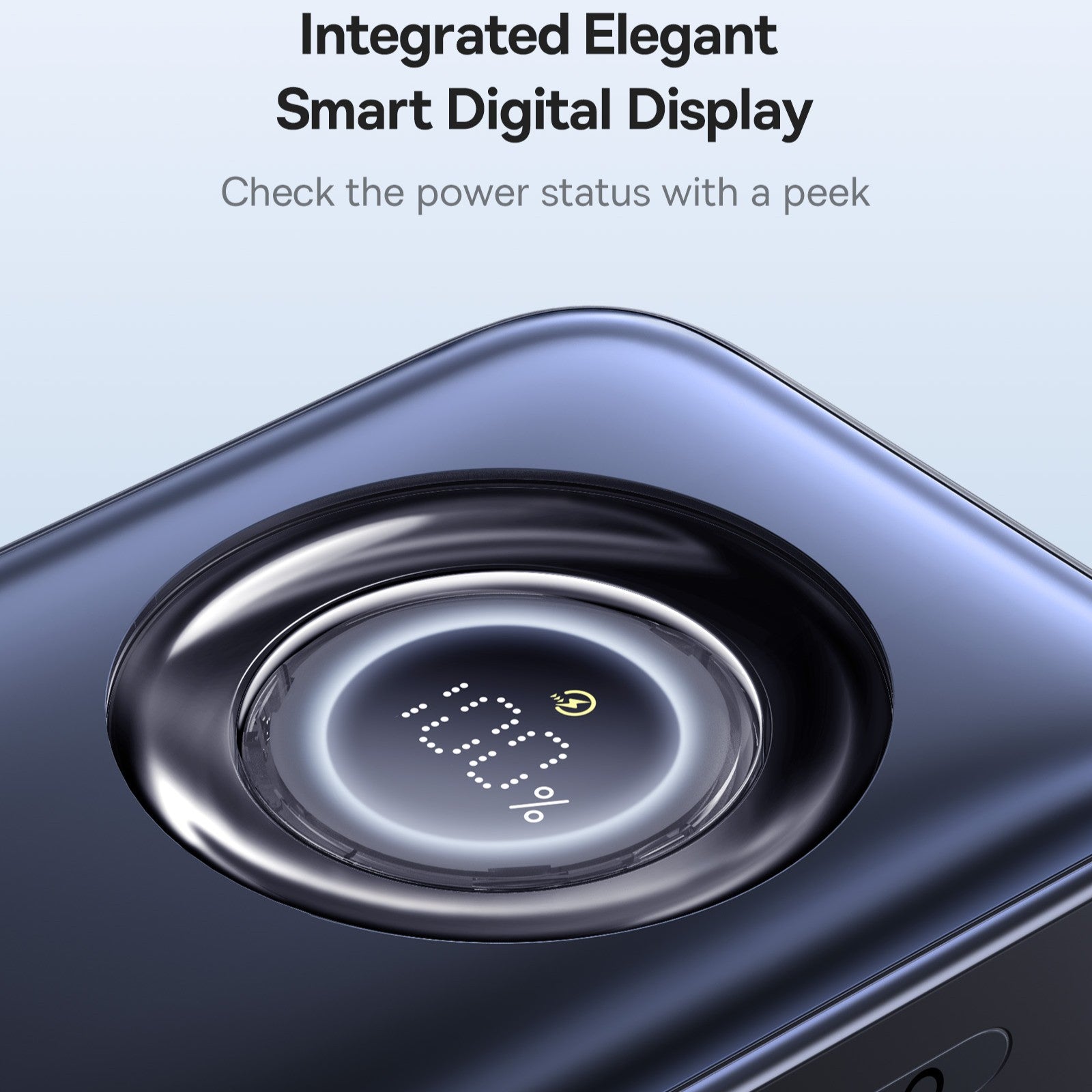 Smart phone with integrated digital display showing power status on a light blue background