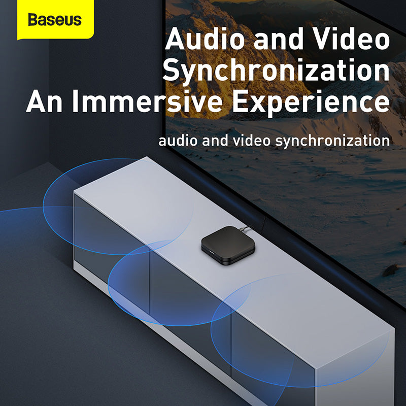 Baseus audio and video synchronization device with a screen displaying a mountainous landscape.