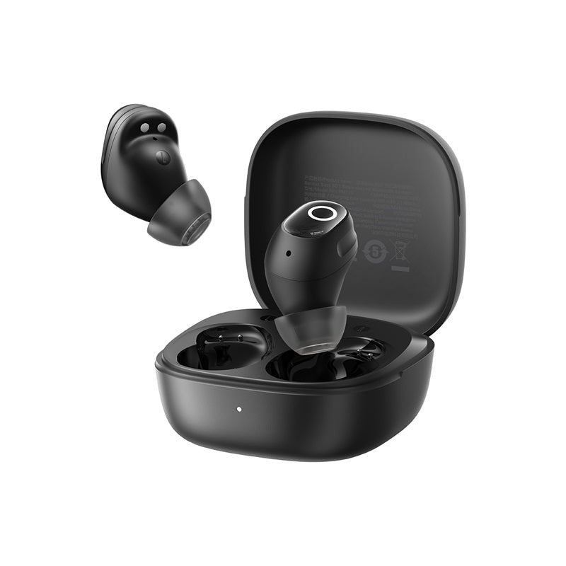 Black wireless earbuds with charging case on a white background