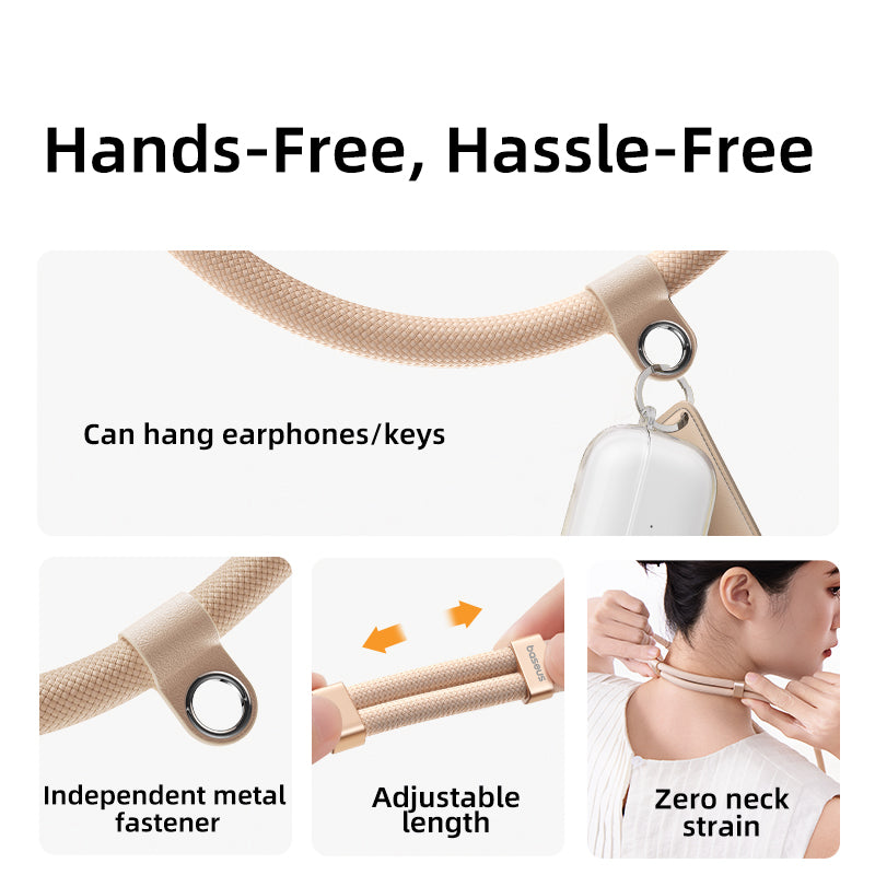 Product showing a hands-free earphone holder with features highlighted.
