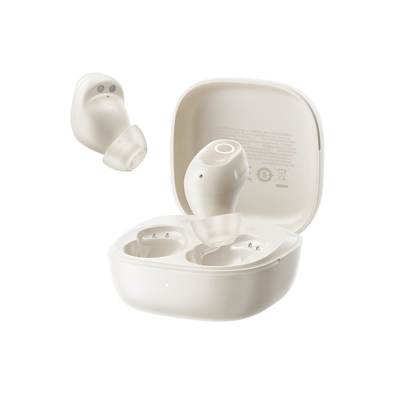 White wireless earbuds with charging case on a white background
