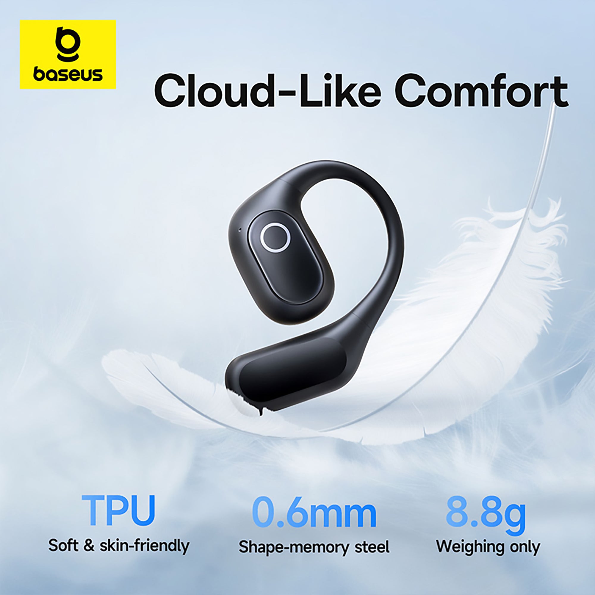 Black Bluetooth earbud with 'Baseus' branding on a light blue background with a feather.