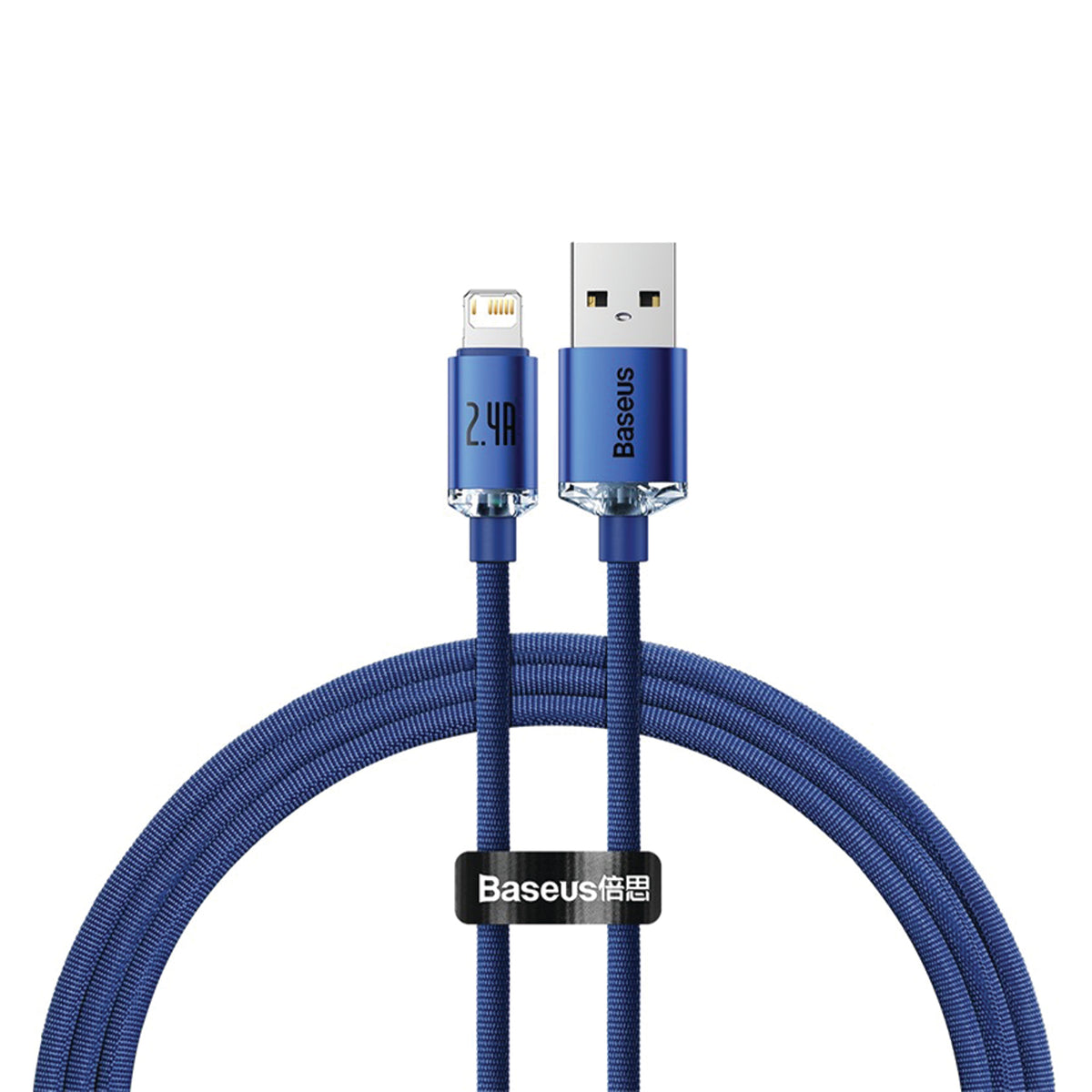 A blue braided USB-A to Lightning cable with a black Baseus label, shown on a clean white background.