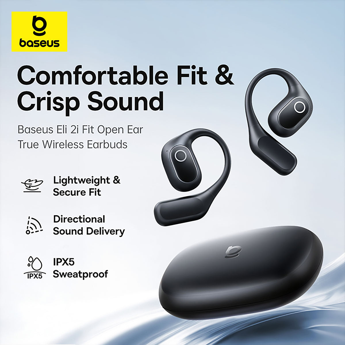 Baseus Eli 2i Fit Open Ear True Wireless Earbuds with packaging on a light blue background