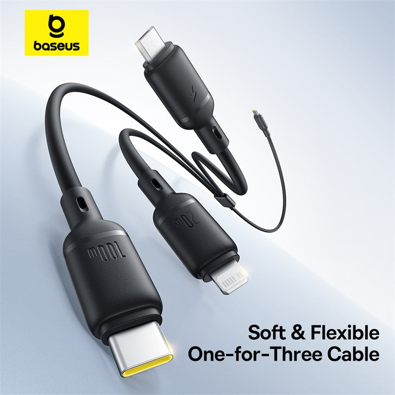 Baseus soft and flexible one-for-three cable on a light gray background