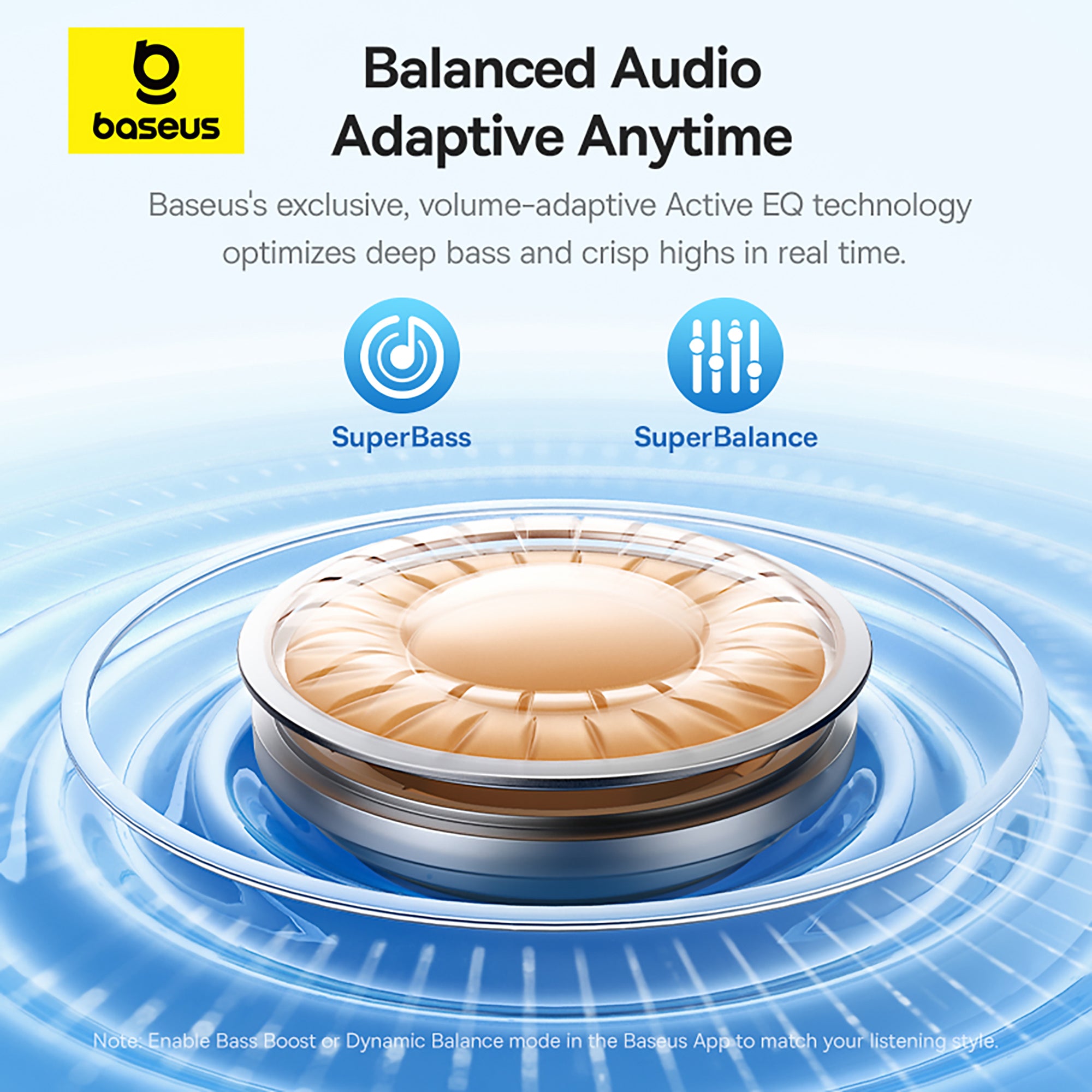 Baseus balanced audio technology advertisement with a speaker design on a blue background
