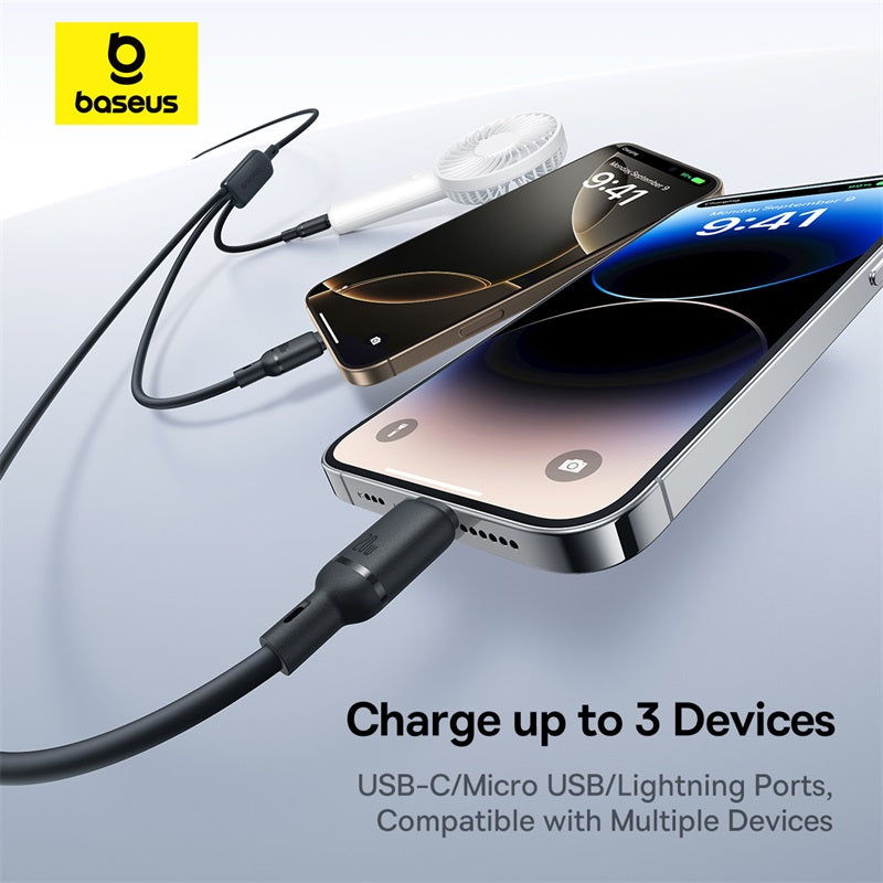 Baseus charging cable with smartphone and earbuds on a light gray background