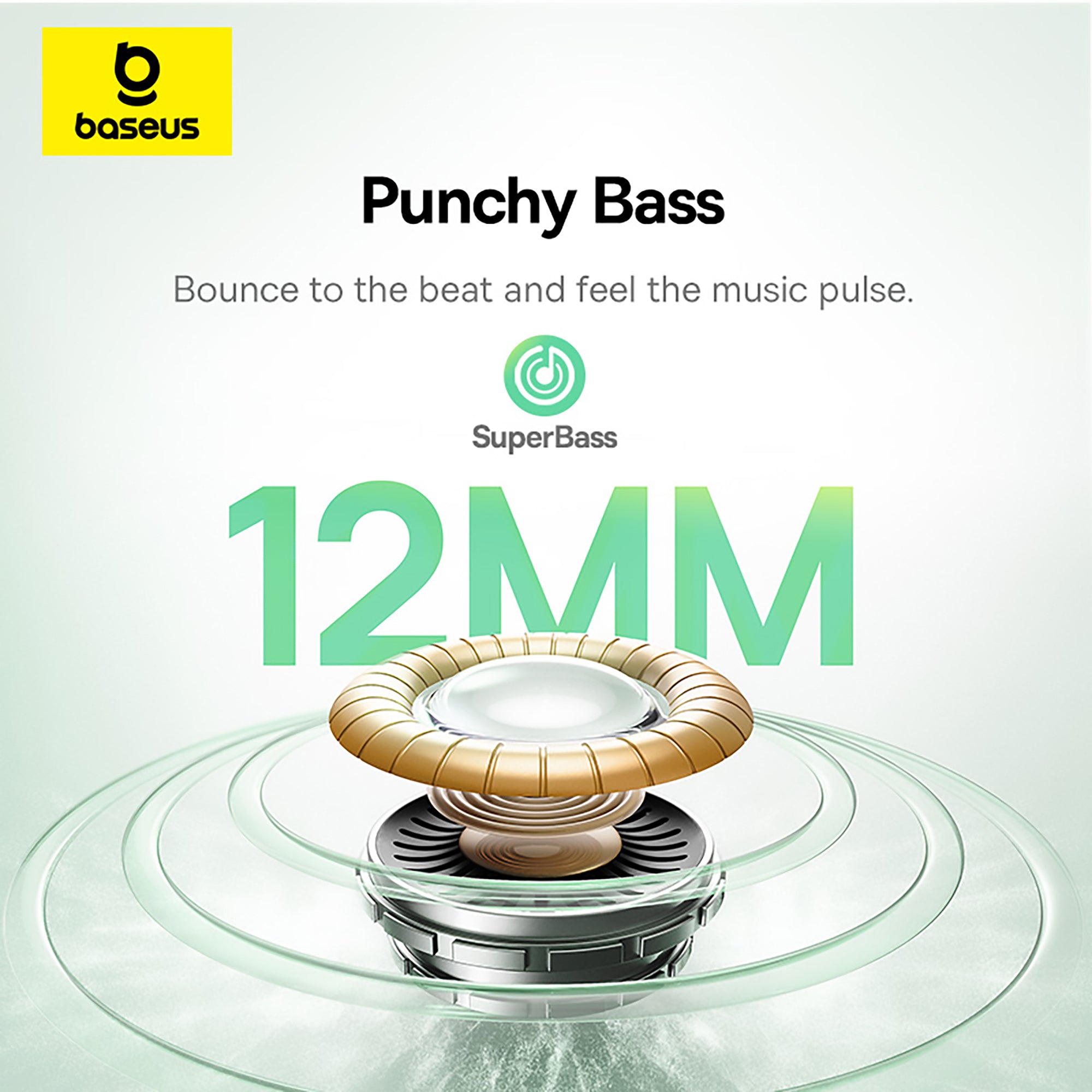 Baseus SuperBass speaker with 'Punchy Bass' text and 12MM label on a light gray background.